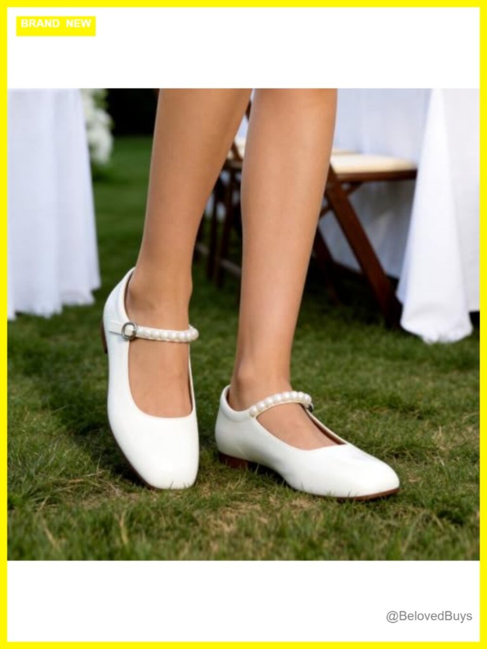 Dressy Mary Jane Flats, Square Toe Pearl Strap Flat Dress Shoes for Wedding - Picture 2 of 6